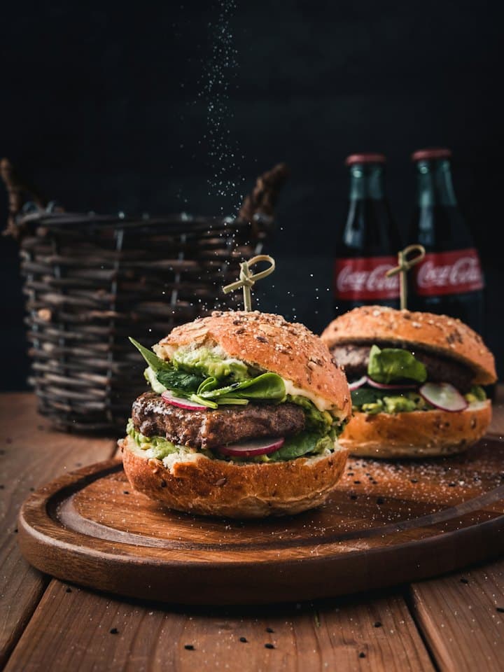 Burger on a wooden tray